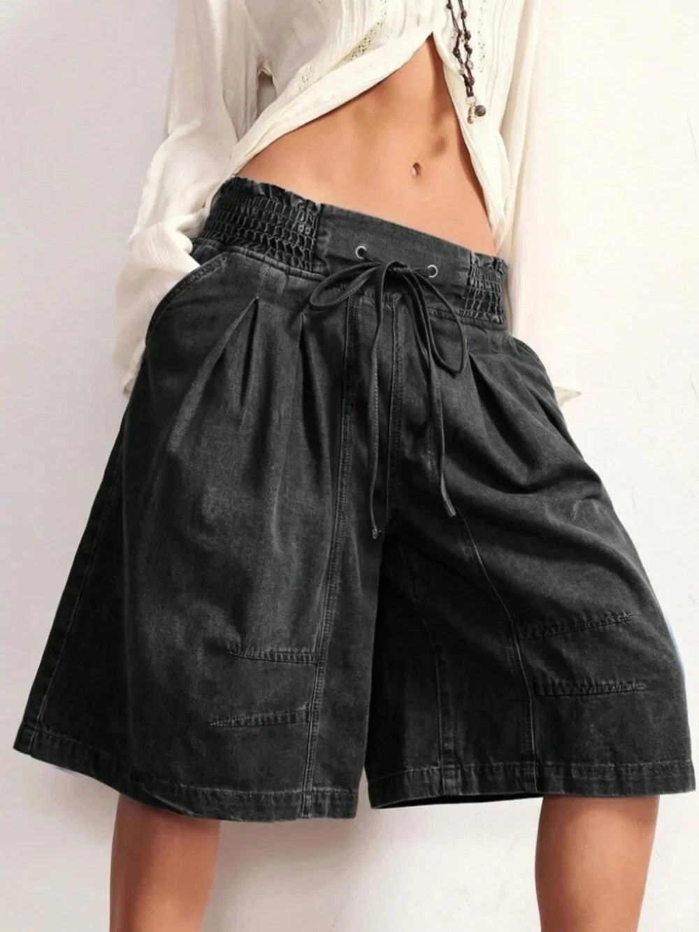 Black Denim Bermuda Shorts - Smocked Waist Drawstring